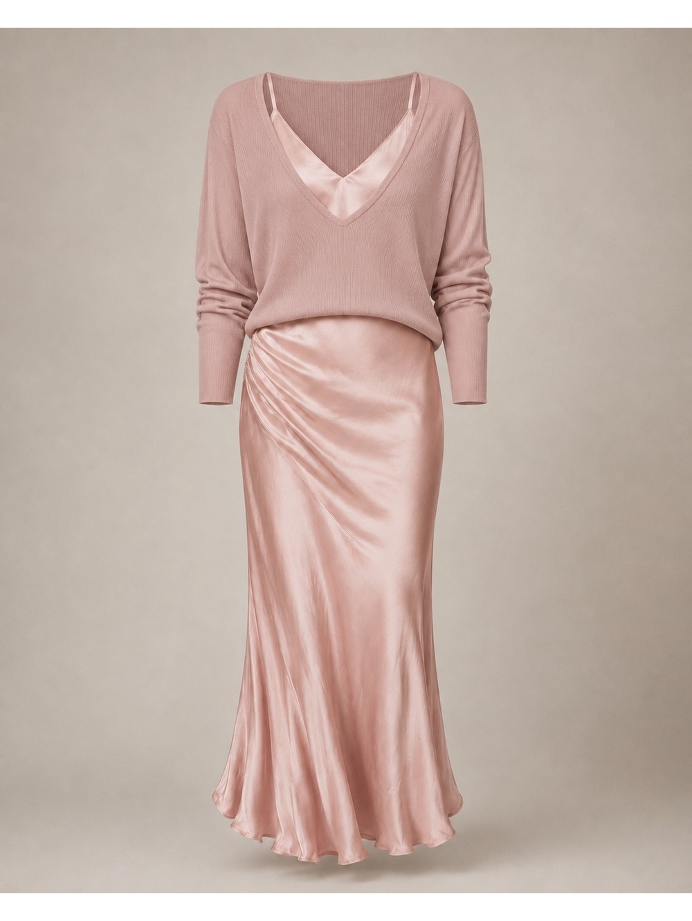 Blush Pink Satiny Maxi Dress and Top Two-Piece Set - Picture 2 of 9